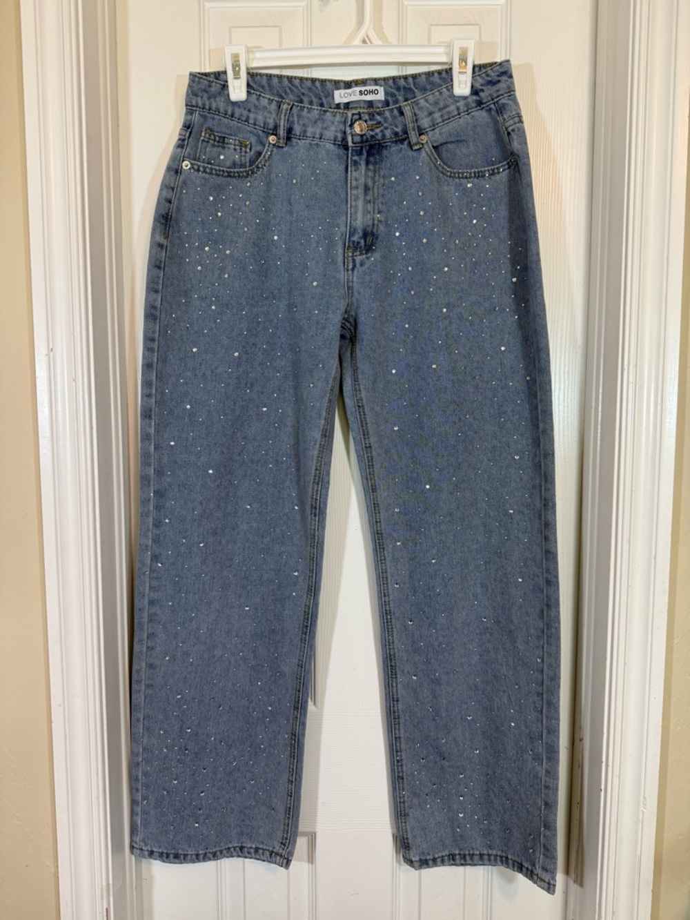 LOVE SOHO Rhinestone Women's Blue Embellished Straight-Leg Jeans Size 9